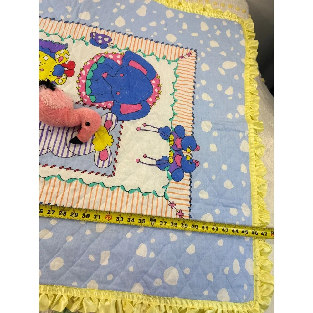 Vintage Quilted Baby Blanket Animals Elephant Lion Giraffe Yellow Satin Ruffle